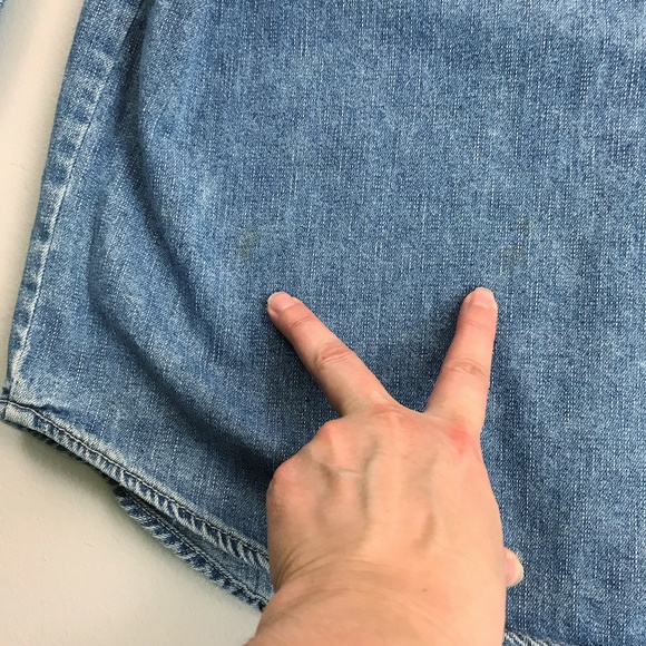 NEWTON TRADING CO. Distressed Denim Shirt Small Button Front Flannel Trim Worn - Picture 9 of 11